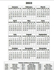 Public Holiday Calendar 2022